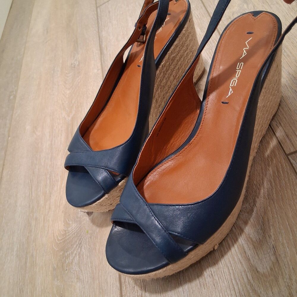 Via Spiga Luciana Platform Wedge Espadrille Sandal size 8 Navy & Brown